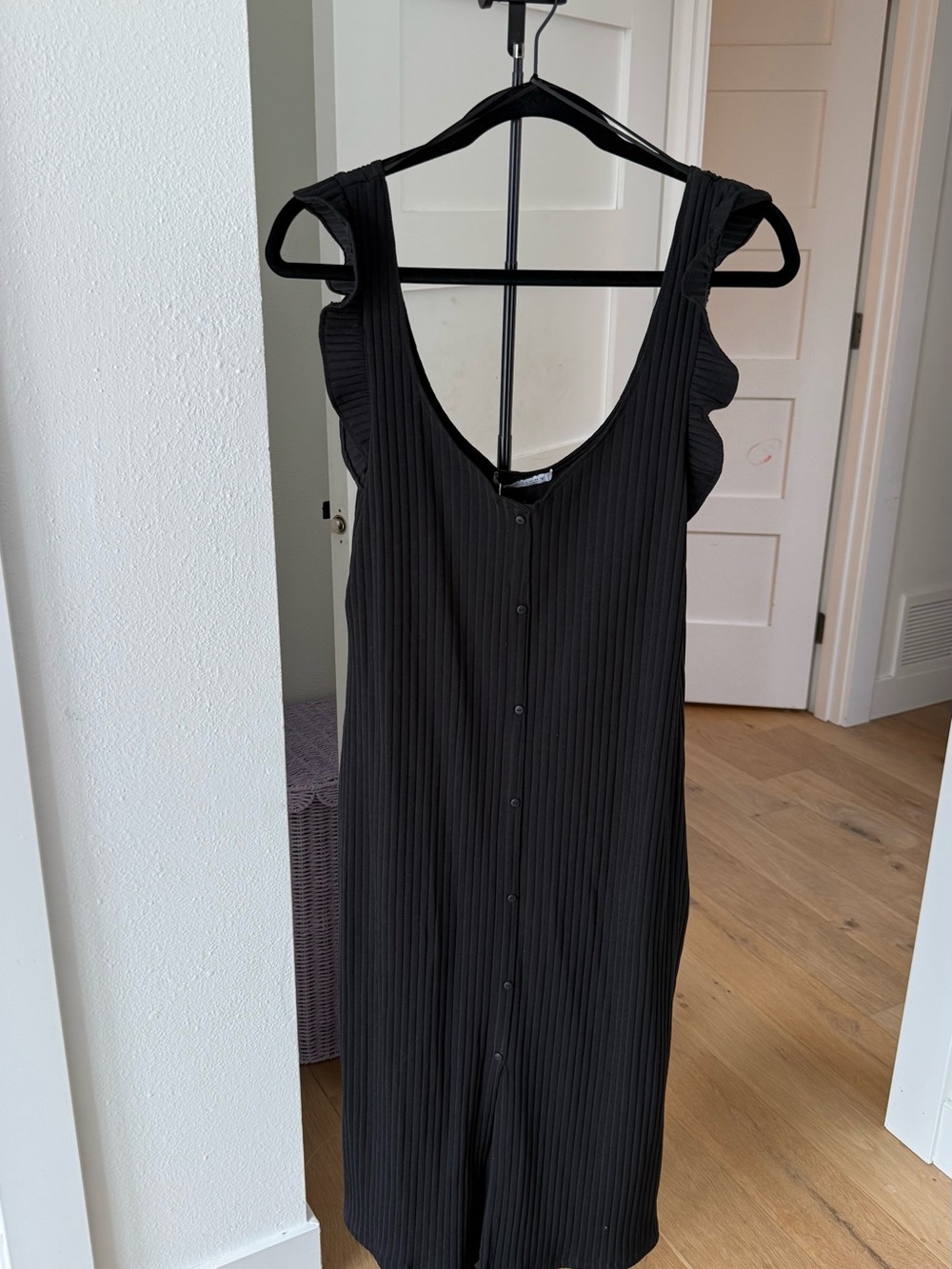 Zara Black Ribbed Button-Front Midi Dress